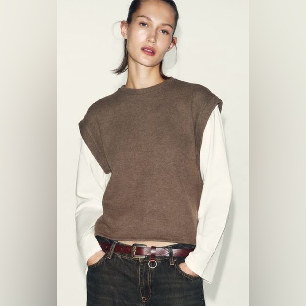 Zara Brown Crewneck Knit Vest with Contrast Sleeves